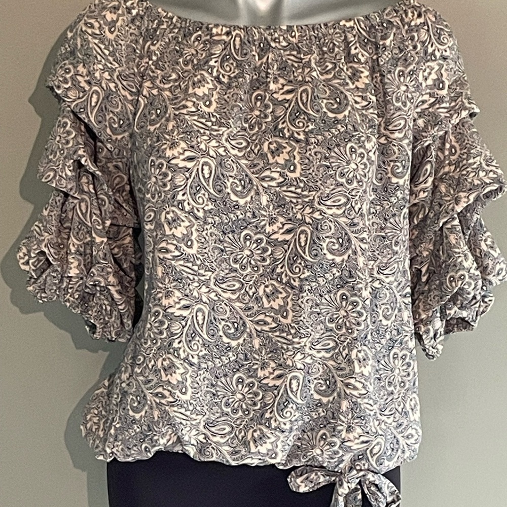 CeCe Monochrome Paisley Ruffle Blouse